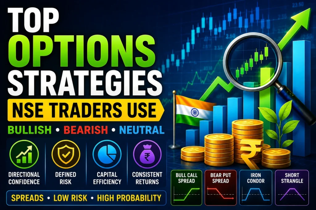 Options strategies NSE guide featuring Bull Call Spread, Bear Put Spread, Iron Condor, and defined-risk option trading concepts.