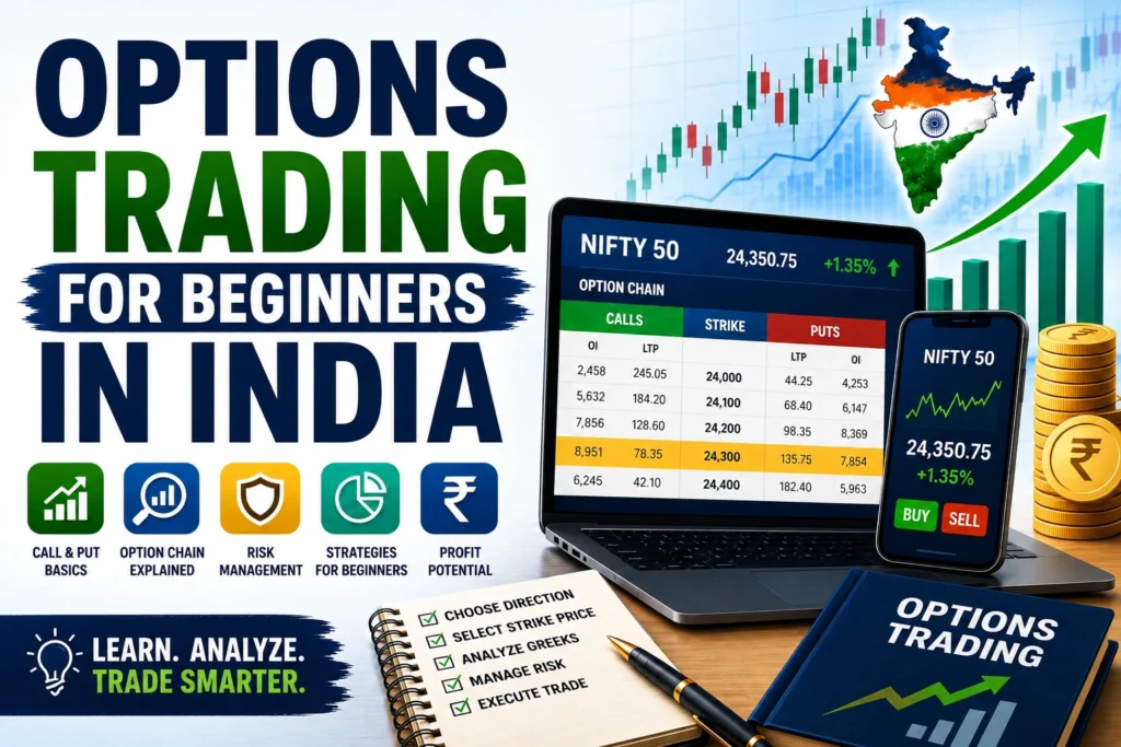 Options trading for beginners India guide featuring Nifty 50 option chain, market charts, risk management, and trading basics.
