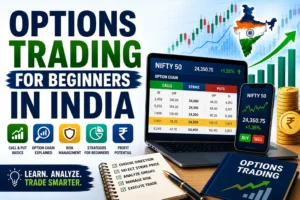 Options trading for beginners India guide featuring Nifty 50 option chain, market charts, risk management, and trading basics.