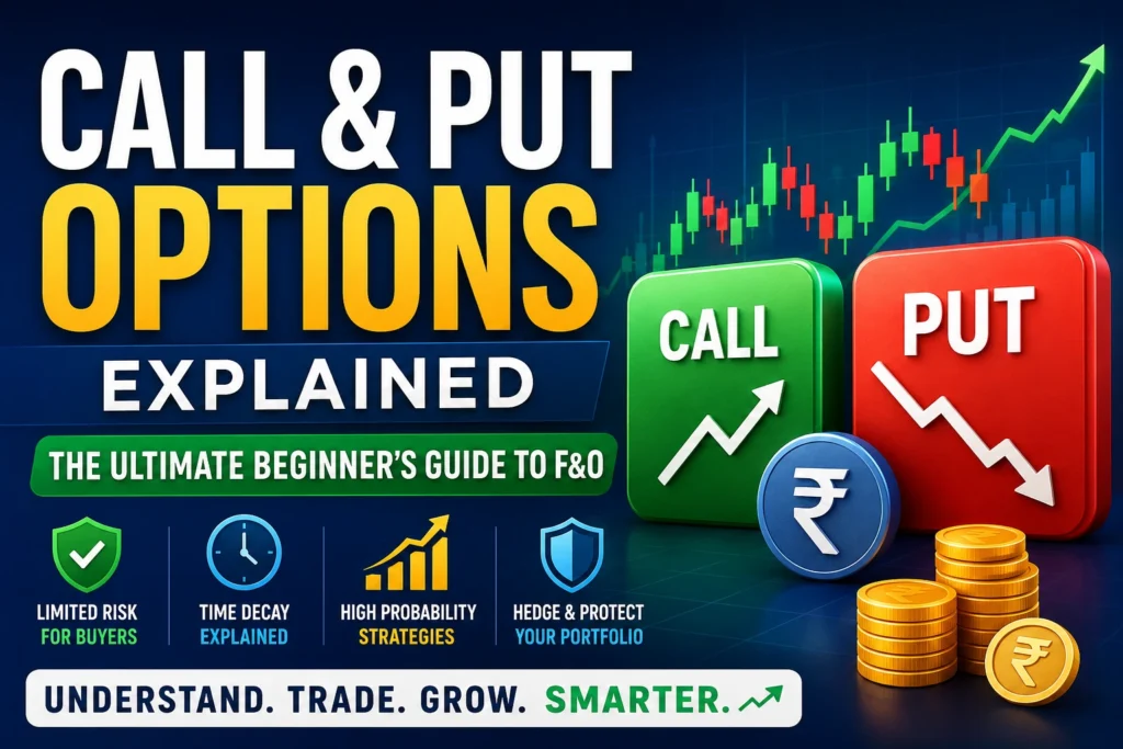 Call and put options explained with a beginner-friendly infographic showing F&O trading concepts, bullish and bearish strategies, risk management, and options trading in India.