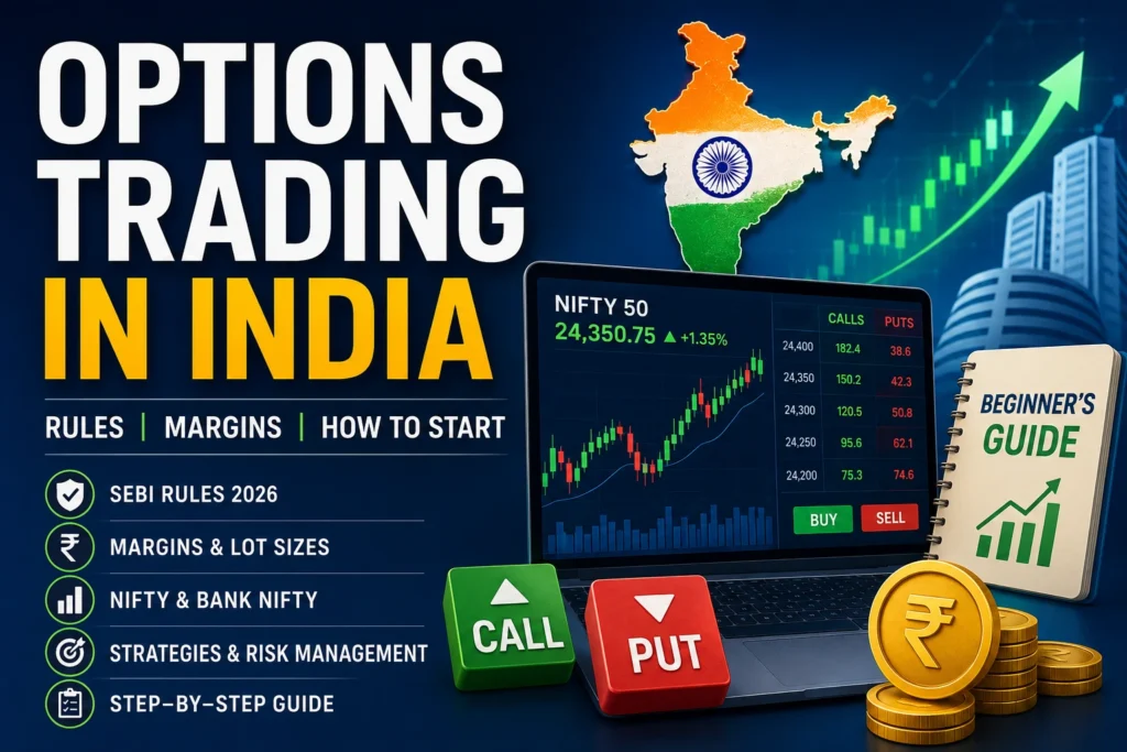 Options trading India guide featuring Nifty options, call and put contracts, SEBI rules, margins, and beginner trading strategies.