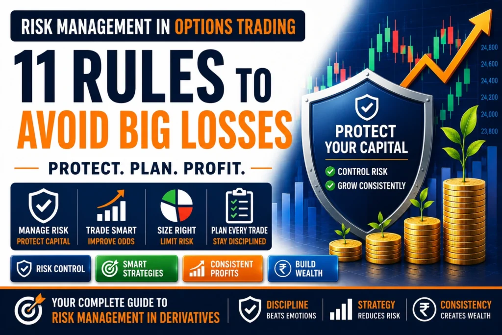 risk management options trading illustration showing capital protection strategies, position sizing, disciplined trading, and portfolio growth in derivatives trading.