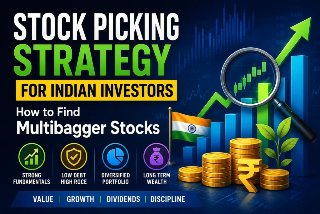 Stock picking strategy India infographic showing multibagger stock selection, strong fundamentals, low debt, portfolio diversification, and long-term wealth creation.